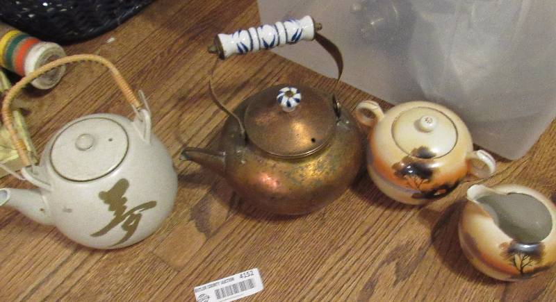 lot 4152 image: Set of One Copper & One Ceramic Asian Style TEA POTS WCeramic Creamer & Sugar Bowl