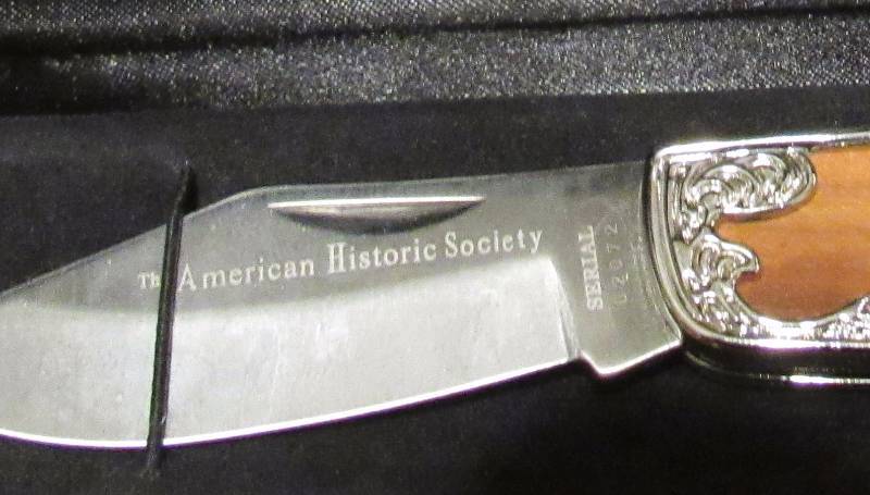 lot 4232 image: American Historic Society Wood  Silver Design Pocket Knife