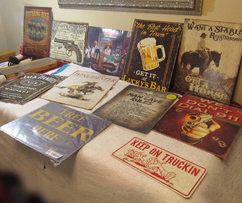 lot 4253 image: Lot of 10 Metal Bar  Man Cave Signs - see photo