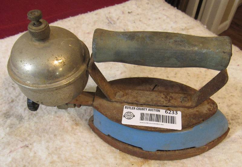 lot 6233 image: Antique Gas Iron - Blue and Silver Colored w Wood Handle