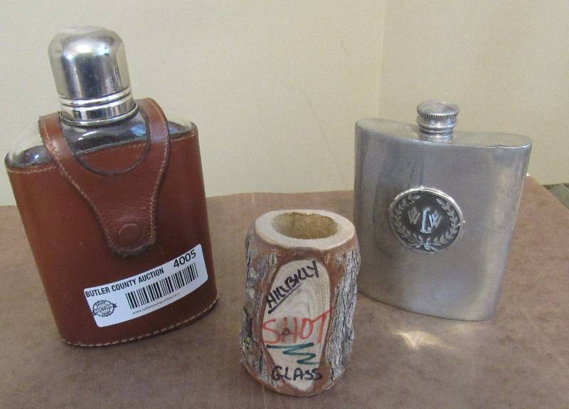 lot 4005 image: Unique GIFTS - Hillbilly Shotglass, Wellers Flask and Flask w Leather Case