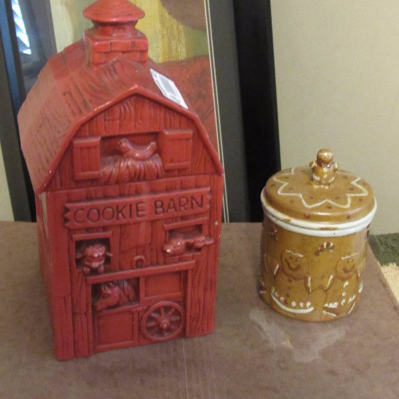 lot 4025 image: Lot of 2 Cookie Jars - COOKIE BARN and Gingerbread Jar - See photos