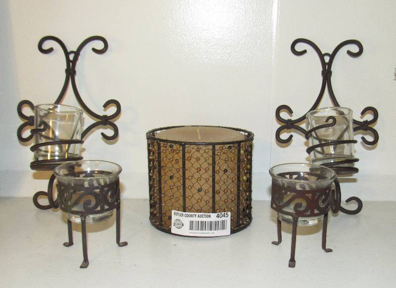 lot 4045 image: Lot of 5 Decorative Candle Holders - 4 are for votive  tea light candles - one holds medium sized candles - See Photos