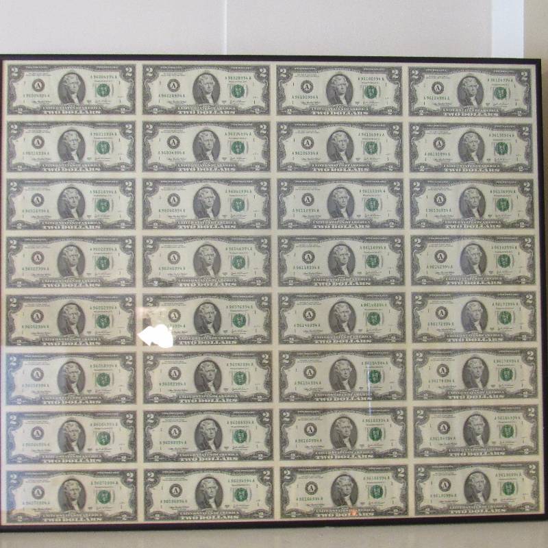 lot 4052 image: Uncut Sheet of Un-Circulated $2 bills 4 across X 8 tall - FRAMED - HTF