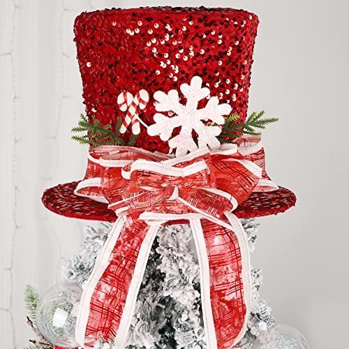 lot 15724 image: Prsildan Christmas Tree Topper Hat, Large Red Sequins Top Hat with Bow Ribbon and Snowflake, Christmas Decorations for Xmas Tree Snowman, Desktop Ornaments Holiday Home Decor