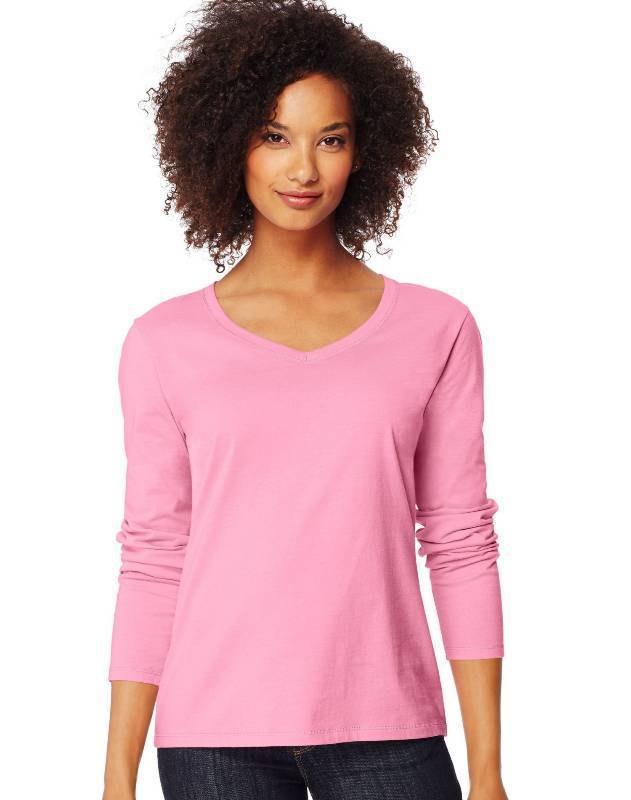 lot 15780 image: Hanes Womens Originals Long Sleeve Cotton T-Shirt, Lightweight V-Neck Tee, Modern Fit, Pink Swish, X-Large
