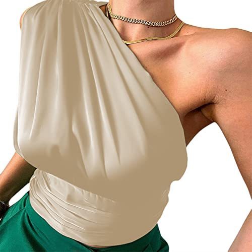 lot 15782 image: LilyCoco Womens Satin One Shoulder Tops Ruched Sleeveless Cropped Blouses Khaki Small