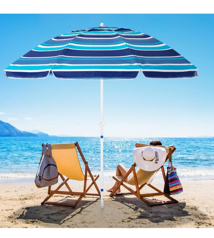 lot 35824 image: JEAREY 8.5FT Beach Umbrella for Sand Portable Outdoor Beach Umbrella with Sand Anchor Fiberglass Rib Push Button Tilt and Carry Bag Blue&White