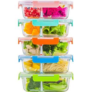 lot 19208 image: C CREST 5-Pack,3 Compartment Glass Meal Prep Containers Set,34oz, Divided Glass Food Storage Containers with Lids, Glass Lunch Box with Dividers