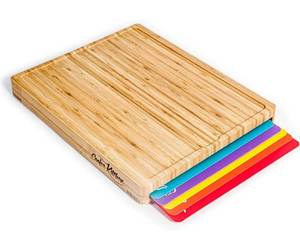lot 19219 image: Cutting Board Set Easy-to-Clean Bamboo Wood Board with 6 Color-Coded Flexible Cutting Mats with Food Icons - Chopping Board Set