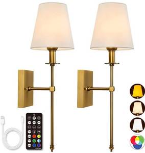 lot 19236 image: echargeable Batttery Operated Wall Sconces Set of Two,4 Color Temperatures,2X40W Equivalent Lamp,300Lumen Detachable Charging Light Bulb,Remote Control,Dimmer,Timer,White Shade, Non-Hardwired