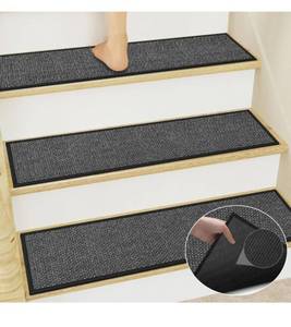 lot 49030 image: Jute Stair Carpet Treads Non Slip with Rubber Backed,15Pcs Black Stair Mats Stair Protectors for Carpeted Stairs, Easy Clean Indoor Basement Safety Stick On Stair Treads Carpet, 30X8