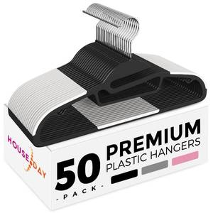 lot 49041 image: HOUSE DAY Heavy Duty Plastic Hangers 50 Pack, Black Slim Clothes Hangers Space Saving, Non Slip Hangers with Rubber Pads, Durable Coat Hangers for Closet, S-Shaped Hangers for Shirt, Suit, Pant, Skirt