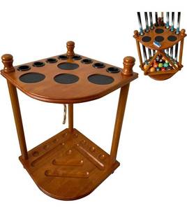 lot 49043 image: GACCO BILLIARDS Floor Pool Cue Rack Hold 8 Cue Sticks & Billiard Accessories. Corner Stand Pool Cue Holder Made of 100% Solid Hardwood. Provided Ball Rack Hook. CUE RACK