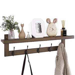 lot 49048 image: SMIBUY Coat Hooks with Shelf Wall-Mounted, 29.2 Inch Entryway Coat Rack for Wall, Bamboo Hanging Shelf with 5 Double Metal Hooks for Bathroom, Bedroom, Kitchen, Living Room, Mudroom (Walnut)