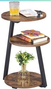 lot 49052 image: BEWISHOME Round End Table Side Table with Metal Frame, Accent Table with 3-Tier Shelves, Small Table for Living Room Couch Table Small Coffee Table Rustic Brown KTZ41Z