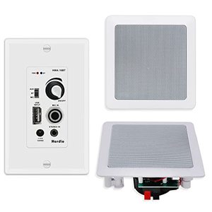 lot 49060 image: Herdio 5.25 Inch Bluetooth Ceiling Speakers with Wall Mount Control Amplifier Receiver System for Home Living Room Bedroom Bathroom Office (A Pair)