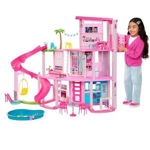 lot 29043 image: Retails $150 Barbie Dreamhouse 2023, Pool Party Doll House with 75 Pieces and 3-Story Slide, Barbie House Playset, Pet Elevator and Puppy Play Areas��
