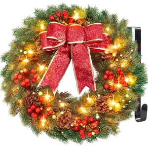 lot 29051 image: Christmas Wreath with Hanger & Timer - 17���� Pre-Lit Lighted Christmas Door Wreaths for Front Door with 40 LED Lights Decorations for Window Outdoor Wall Decor