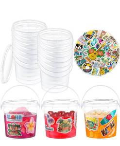 lot 29067 image: PerKoop 20 Pcs 32 oz Christmas Ice Cream Buckets with Lids and Handles Clear Cocktail Rum Buckets for Drinks with 200 Christmas Stickers Plastic Transparent Tub Reusable Food Containers for Parties