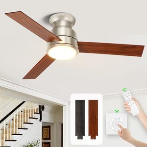 lot 29078 image: $$ OKELI 52 Inch Brushed Nickel Ceiling Fan with Light and Remote Flush Mount Hugger Ceiling Fan 3 Dual Finish Blades 6 Speeds Reversible DC Motor LED Ceiling Fan with Light for Living Room Bedroom