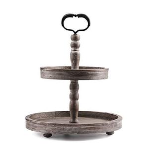 lot 29083 image: HYGGEISM Two Tier Tray Distressed Wood 2 Tiered Serving Tray Farmhouse, 15 Decorative Wooden Rustic Cake Stand for Kitchen Counter Table, Halloween Decor (Heart-Shaped Handle)