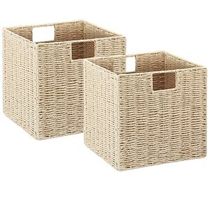 lot 29084 image: Vagusicc Wicker Storage Baskets, Set of 2 Hand-Woven Storage Baskets for Shelves with Handles, Foldable Cube Storage Baskets Bins Organizer 9 inch Wicker Baskets for Pantry Bedroom Decor, Beige