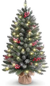 lot 39105 image: $$ OasisCraft 3ft Tabletop Christmas Tree, Pre-lit Xmas Tree with Cloth Bag Base, Mini Christmas Tree with LED Lights, Artificial Christmas Tree with Pine Cones for Table Desk Decoration