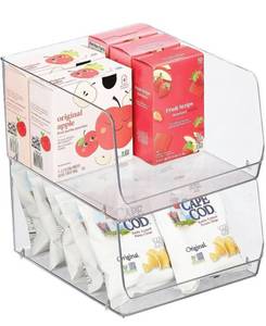 lot 39110 image: mDesign Wide Stackable Plastic Food Storage Organizer Bin Basket with Open Front for Household Kitchen Cabinets, Pantry, Offices, Closets, Bedrooms, Bathrooms - 10.2 Wide, 2 Pack - Clear