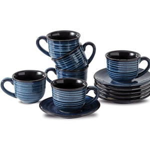 lot 39115 image: Hasense Porcelain Espresso Cups Set of 6, 4 oz Demitasse Cups with Saucers, Cappuccino Cups for Home and Office, Coffee Mugs for Double Espresso, Cafe Mocha, Cappuccino, Tea - Navy Blue