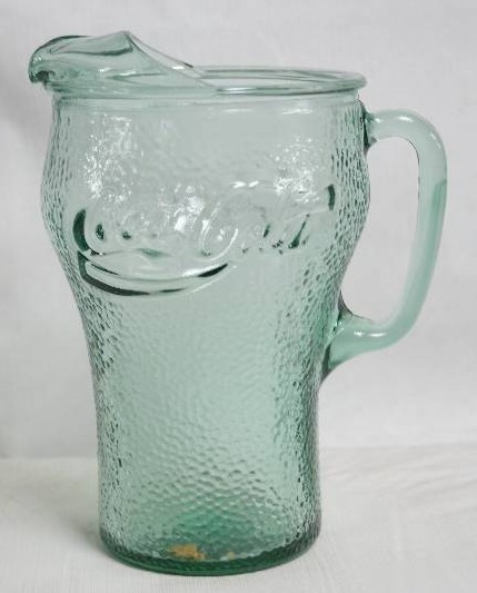 lot 2127 image: Coca Cola Green Pebbled Glass Pitcher- Very Neat Nearly 9.5 Inches Tall