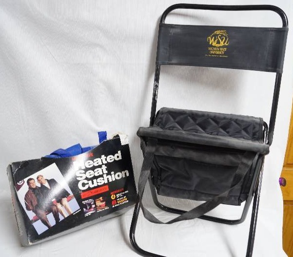 lot 2134 image: Set of Heated Seat Cushion and Fold Out WSU Chair- Very Cool