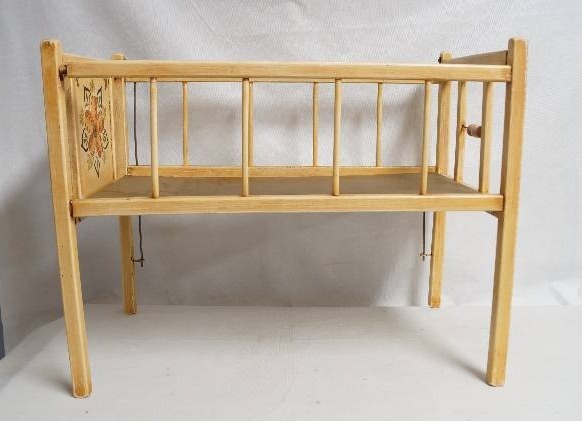 lot 2144 image: Vintage Beautiful Wooden Babydoll Bed w Hand Painted Floral Designs- Nearly 22 Inches Long