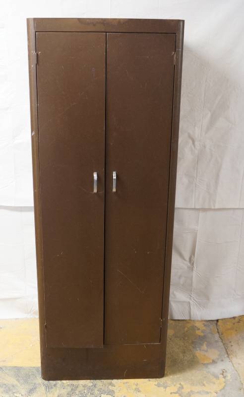 lot 2148 image: 64 Inch Tall Space Saver Brown Metal Cabinet