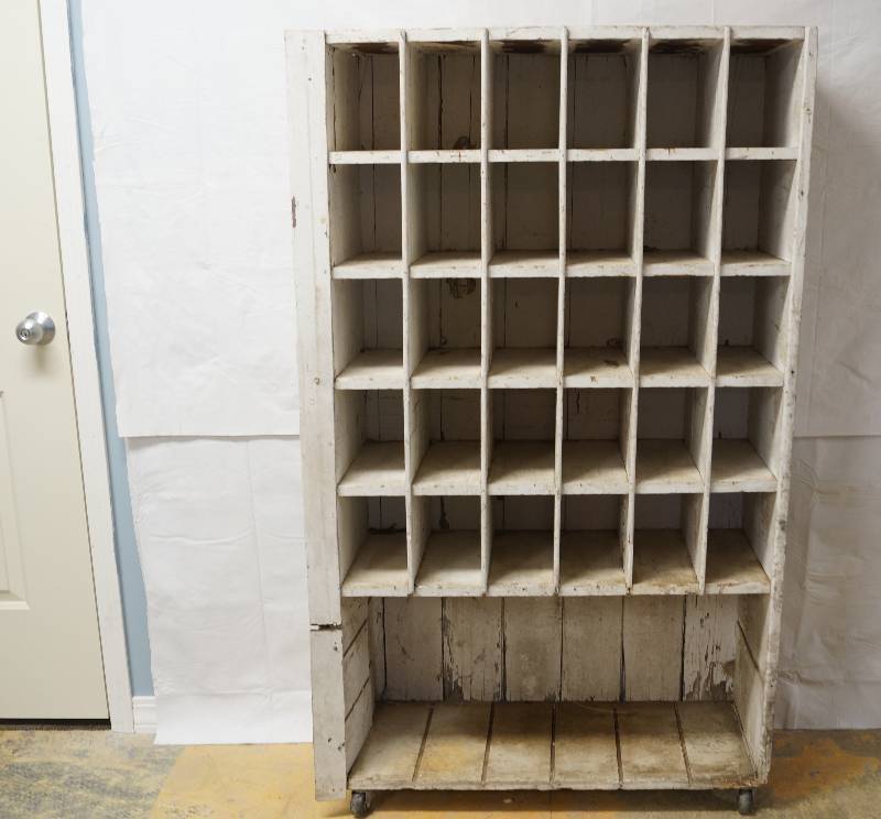lot 2154 image: White Wooden Organizer on Wheels- 59 Inches Tall w 1 Big and 30 Little Compartments- Awesome Project Cubby