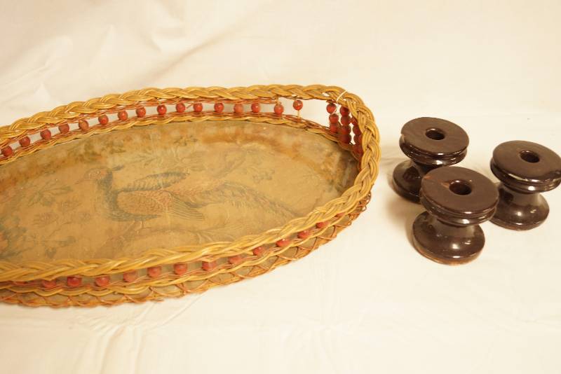 lot 2560 image: Vintage Pheasant Tray - Beaded Wicker and Wood - Awesome Deco piece - w wood spindles