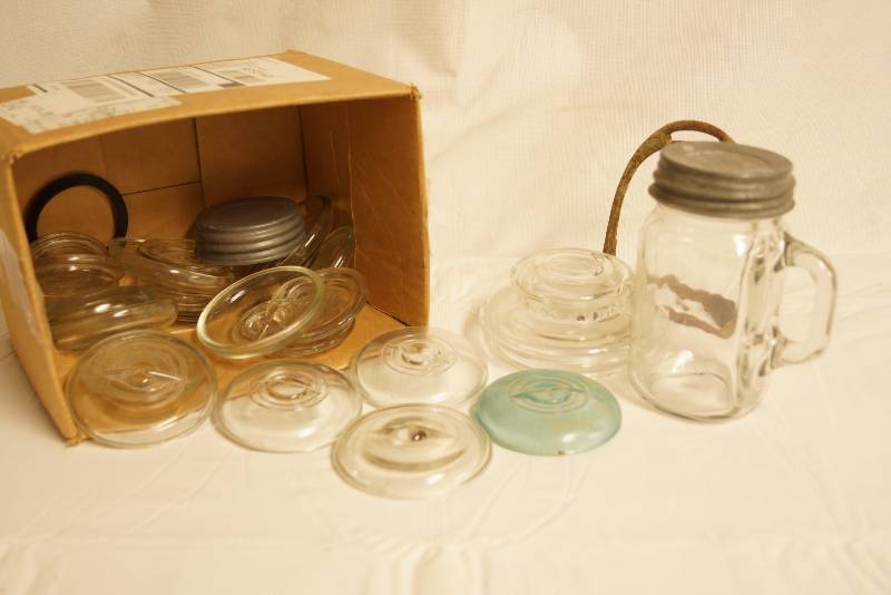 lot 2566 image: Various Vintage Mason Jar Lids and accessories - see photo