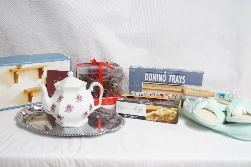 lot 2004 image: Lot of Misc. Domino trays, tea pot, Pretties, New book shelf, NEW spa kit COOL