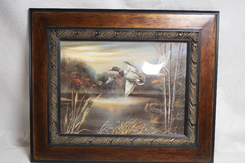 lot 2028 image: Duck and Pond Painting in Beautiful Wooden Frame- Great Condition