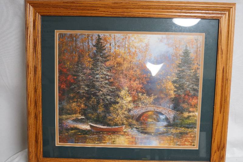 lot 2029 image: Beautiful Lake and Tree Painting in Wooden Frame- Great Condition