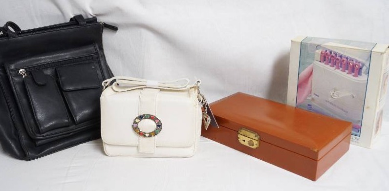 lot 2034 image: Assorted Accessories- Purses, Jewelry Box, and Hot Rollers