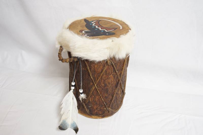 lot 2042 image: Very Unique Wooden Native American Drum- Appears to be Made With Animal Hide