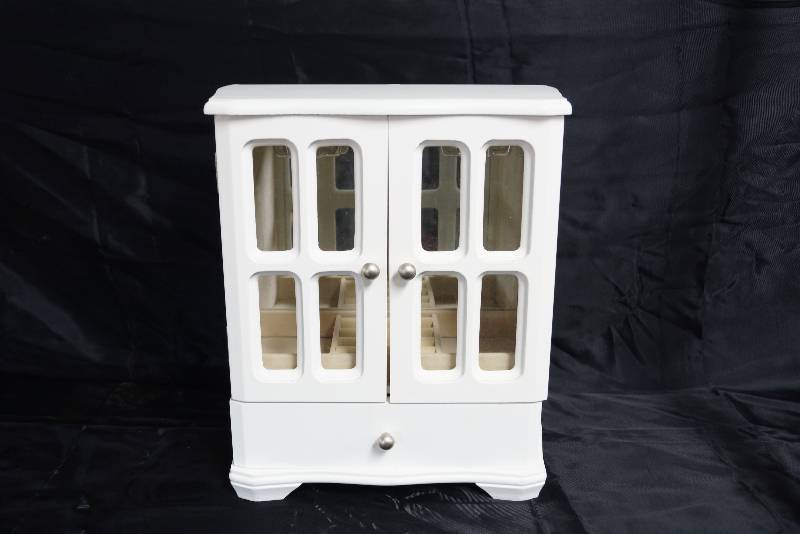 lot 2080 image: Very nice white Jewelry Box w doors and drawers - Clean Mirrored - see pics for sizes