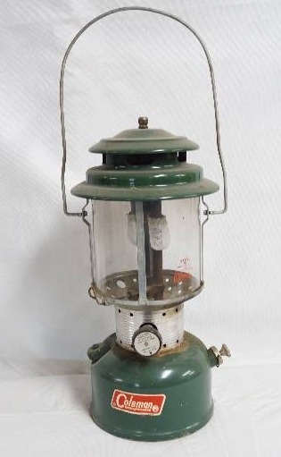lot 2092 image: Vintage Coleman Lantern M# 220F - Double Mantle - Pyrex Glass Globe made for Coleman - Stamped Sunshine of the Night 65