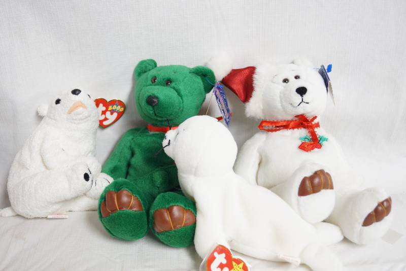 lot 2097 image: Lot of 2 TY Beanie Babies w tags NEW Seamore Seal & Aurora Polar Bear - Bonus 2 Limited Treasures Holiday Bears New w tags