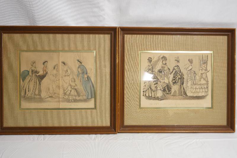 lot 2102 image: Framed Magazine Print from 1865 & 1874 - Godeys Fashions for January 1865 & 1871 & - Beautiful prints in matching frames