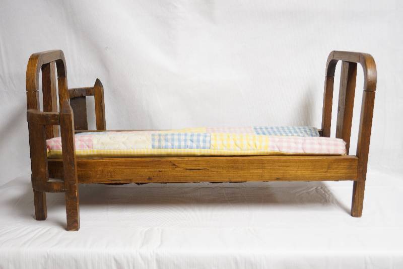 lot 2104 image: Beautiful Handmade Doll Bed - w Mattress - Gorgeous wood Almost 2 feet long - great for American Girl and other 18 dolls
