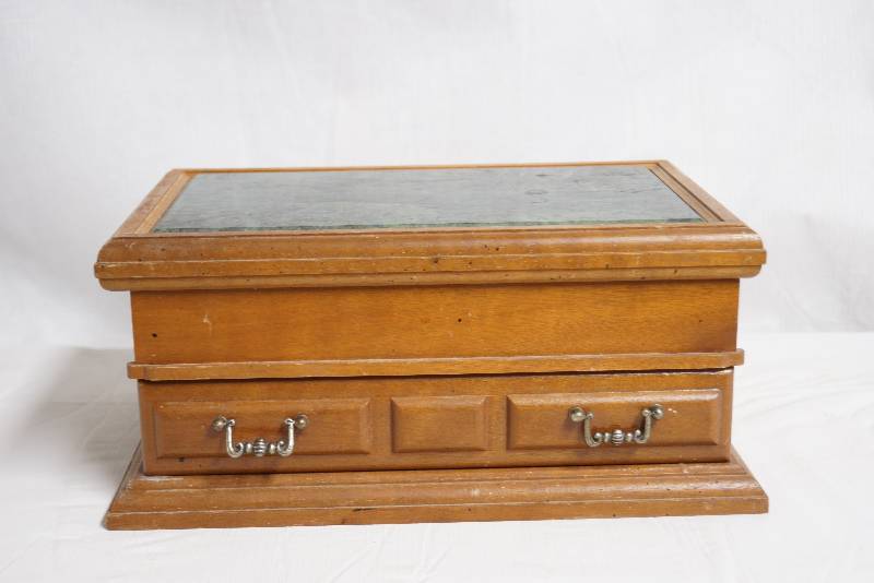 lot 2113 image: Beautiful Wooden Jewelry Box- All Jewelry Inside Included Bracelets, Necklaces, and More