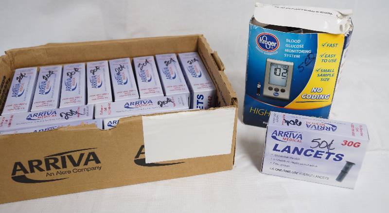 lot 2189 image: Blood Glucose Monitoring System and Approx 14 boxes of Arriva 30g Lancets