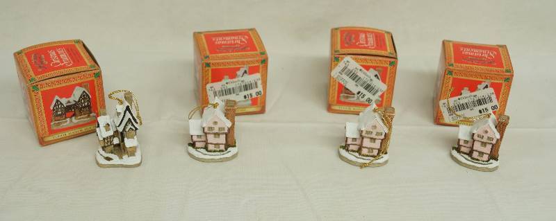lot 6203 image: Lot of 4 Christmas Village ORNAMENTS for your tree DAVID WINTER COTTAGES - w original boxes